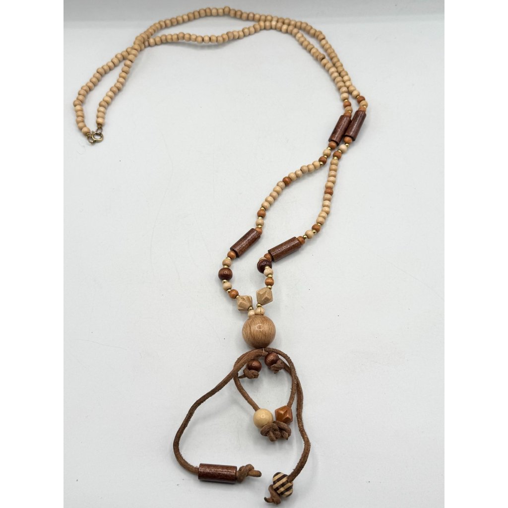 Vintage 80s Wood Suede Tassel Long Beaded Necklace